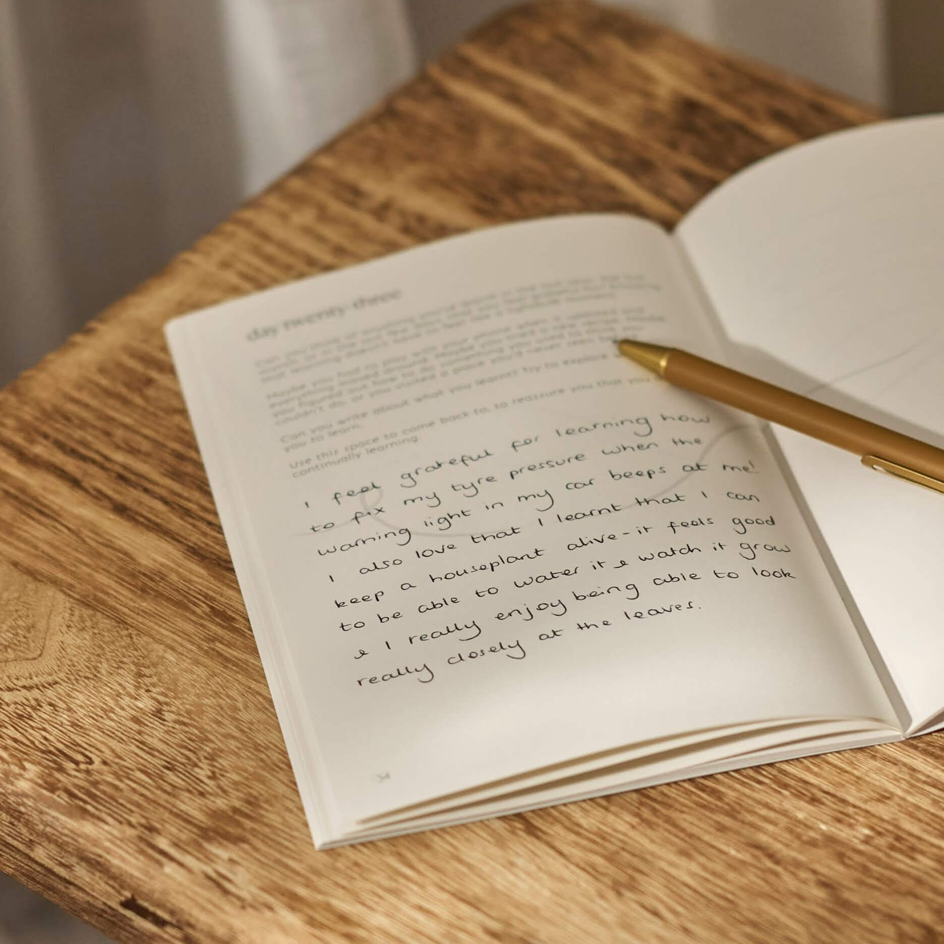 gratitude journal open on gratitude prompt about learning