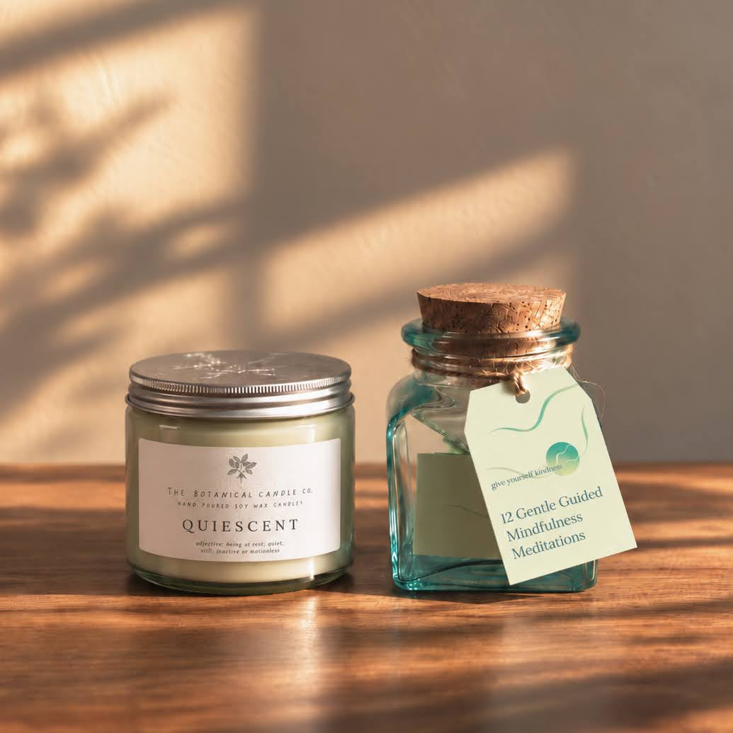 The Meditation Gift Set: Quiescent soy wax candle and the Meditation Jar of 12 guided meditations in warm sunlight