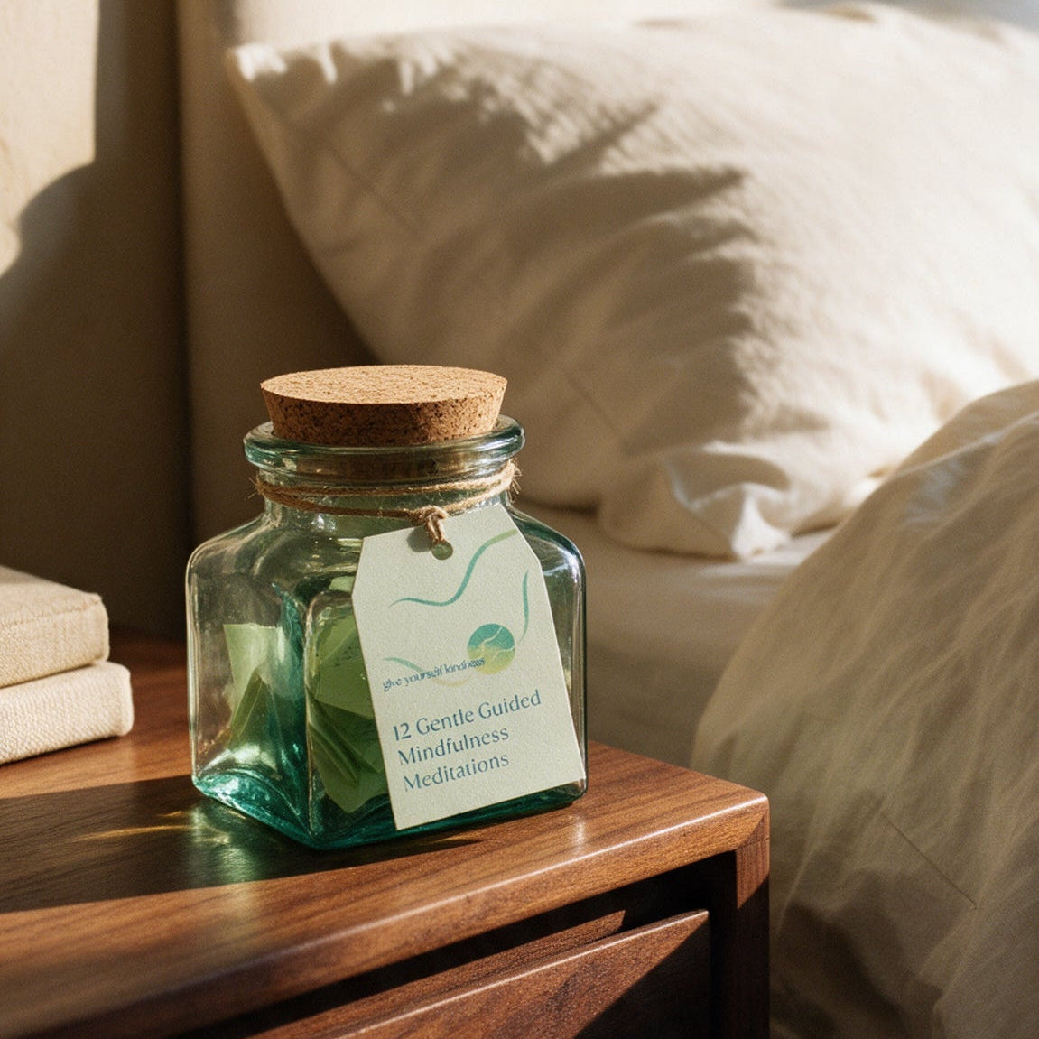 The Meditation Jar: 12 gentle guided mindfulness meditations in a glass jar with cork lid on a bedside table